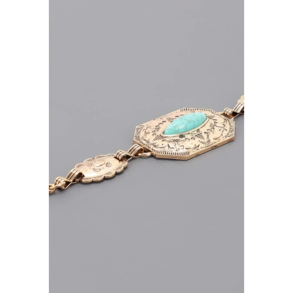 Concho Chain Belt Womens OS Gold Turquoise Excellent Western Boho